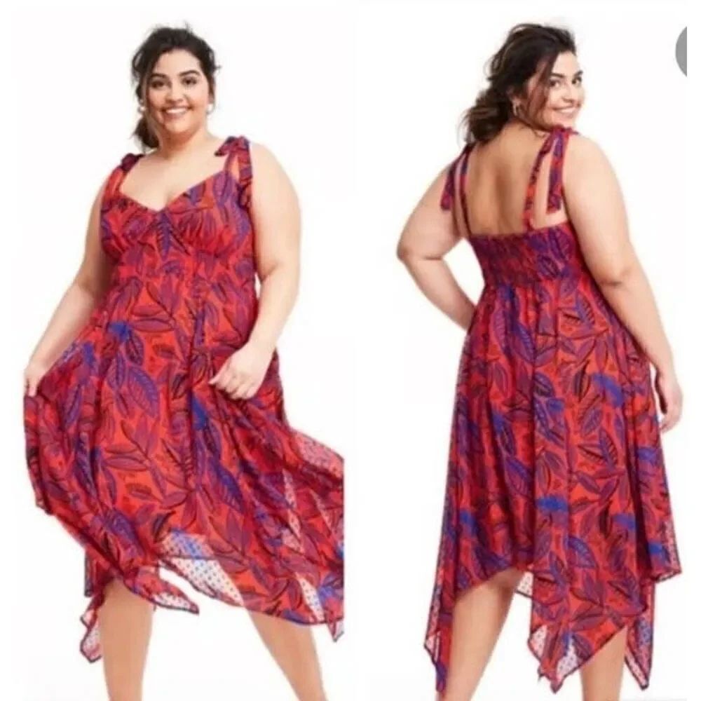 ALEXIS for TARGET | red & blue lightweight v neck maxi tropical leaf tie summer
